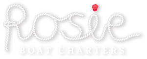 Logo for Rosie Boat Charters, featuring the word "Rosie" in rope texture and a small red rose above, perfect for setting sail on your ideal party boat adventure.
